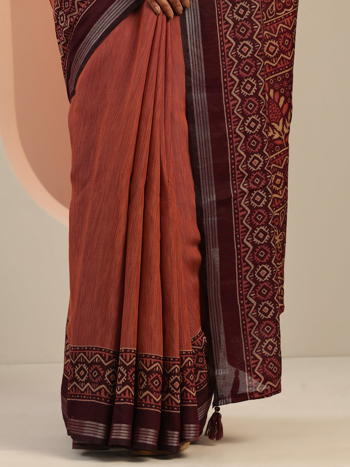 Rust Solid Silk Blend Saree With Unstitched Blouse Piece
