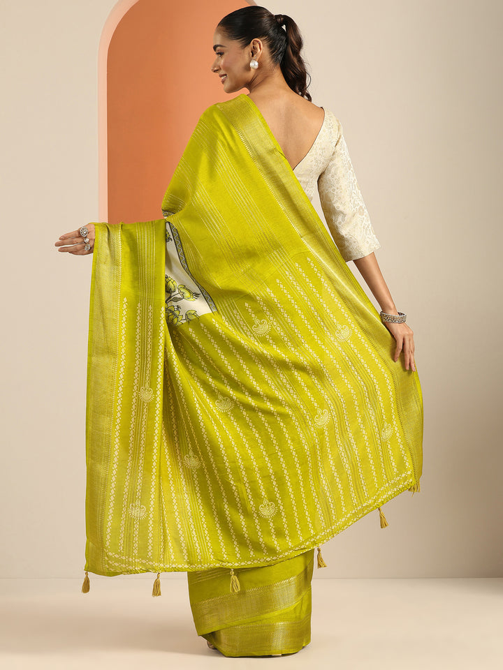 Green Printed Silk Blend Saree With Unstitched Blouse Piece