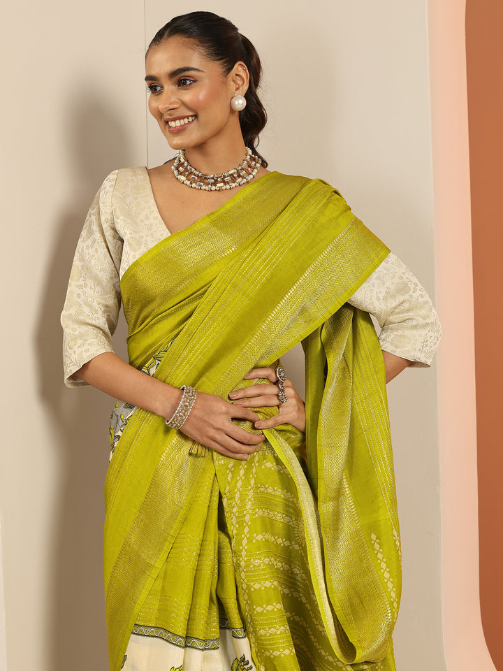 Green Printed Silk Blend Saree With Unstitched Blouse Piece