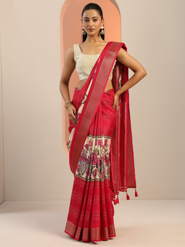 Pink Printed Silk Blend Saree With Unstitched Blouse Piece
