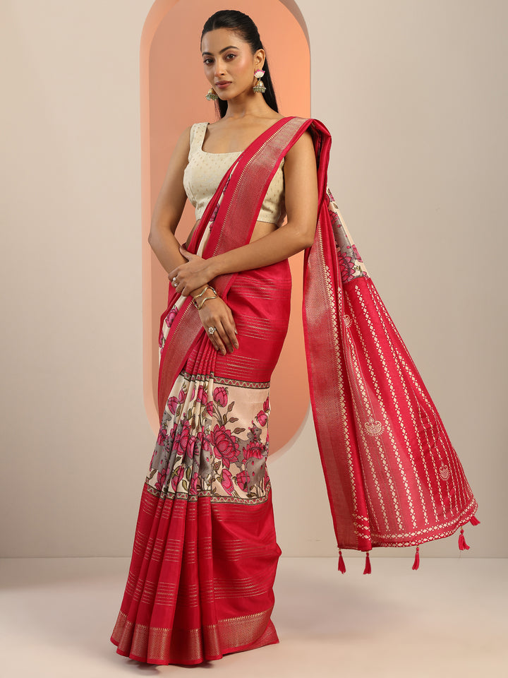 Pink Printed Silk Blend Saree With Unstitched Blouse Piece