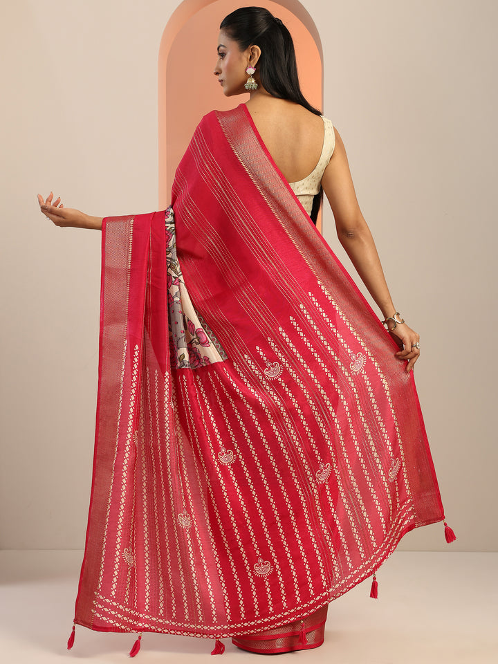 Pink Printed Silk Blend Saree With Unstitched Blouse Piece