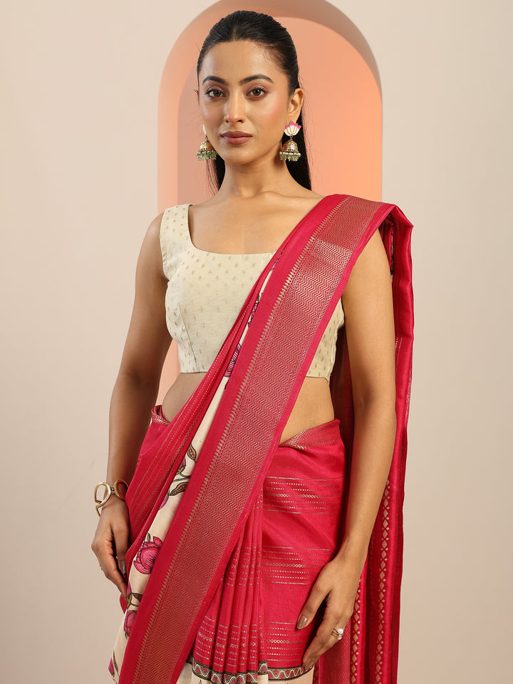 Pink Printed Silk Blend Saree With Unstitched Blouse Piece