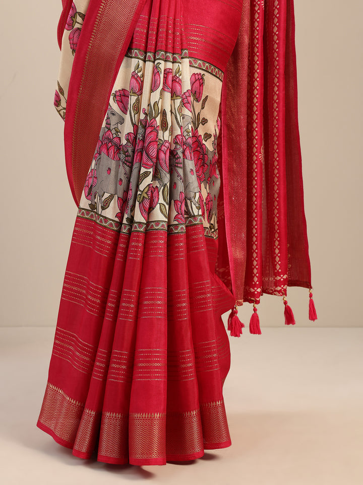 Pink Printed Silk Blend Saree With Unstitched Blouse Piece