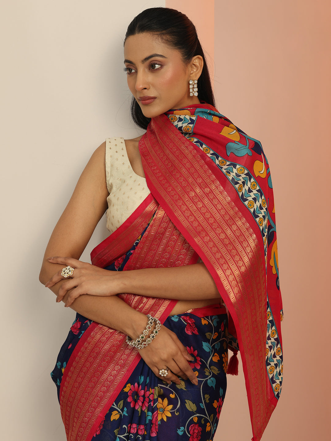 Blue Printed Georgette Saree With Unstitched Blouse Piece