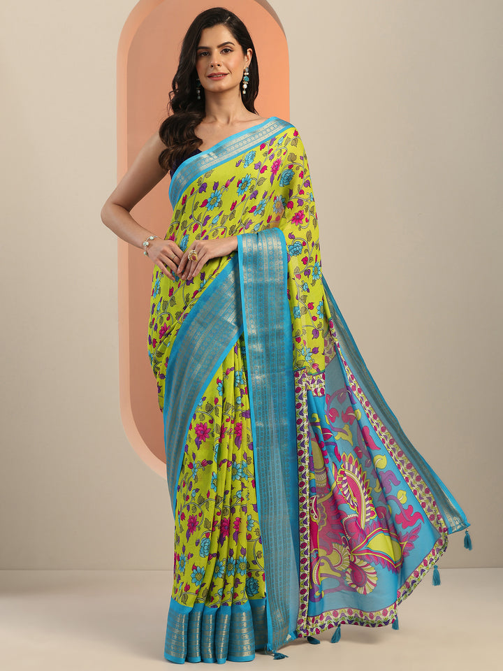Green Printed Georgette Saree With Unstitched Blouse Piece