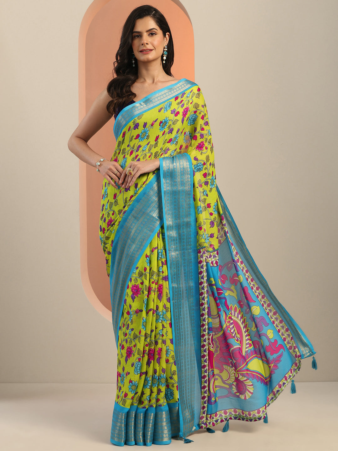 Green Printed Georgette Saree With Unstitched Blouse Piece