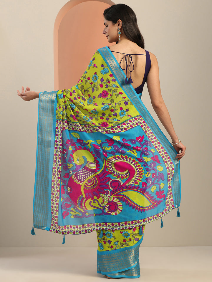 Green Printed Georgette Saree With Unstitched Blouse Piece