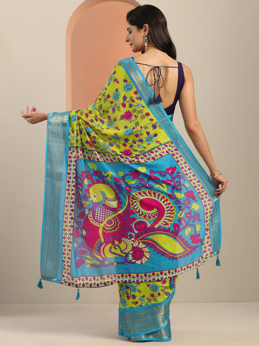 Green Printed Georgette Saree With Unstitched Blouse Piece