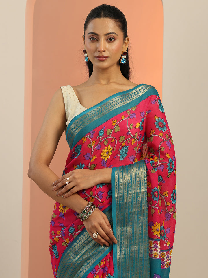 Pink Printed Georgette Saree With Unstitched Blouse Piece