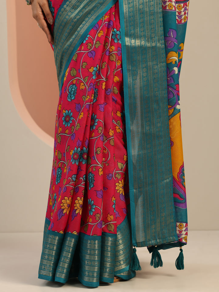 Pink Printed Georgette Saree With Unstitched Blouse Piece