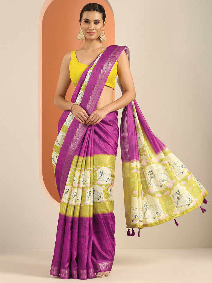 Purple Kalamkari Printed Georgette Saree With Unstitched Blouse Piece
