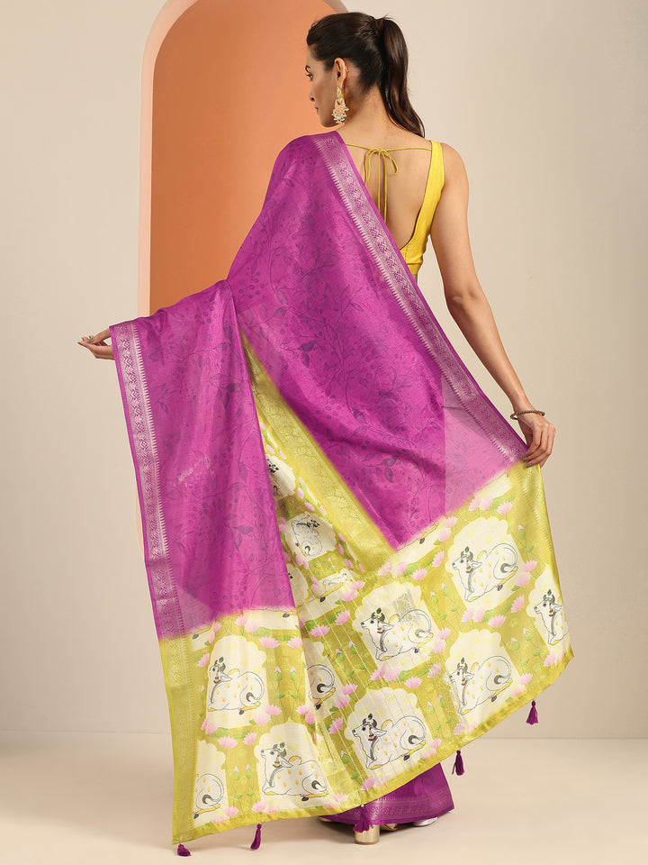 Purple Kalamkari Printed Georgette Saree With Unstitched Blouse Piece
