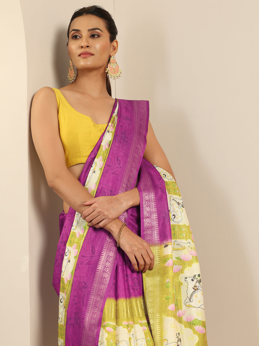 Purple Kalamkari Printed Georgette Saree With Unstitched Blouse Piece