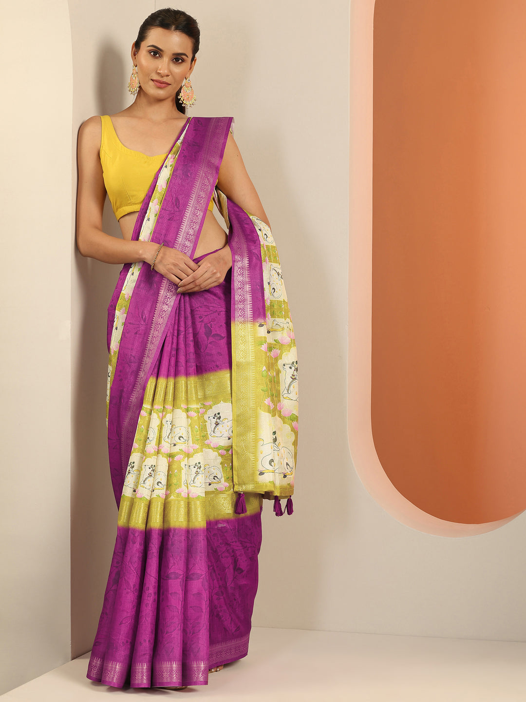 Purple Kalamkari Printed Georgette Saree With Unstitched Blouse Piece