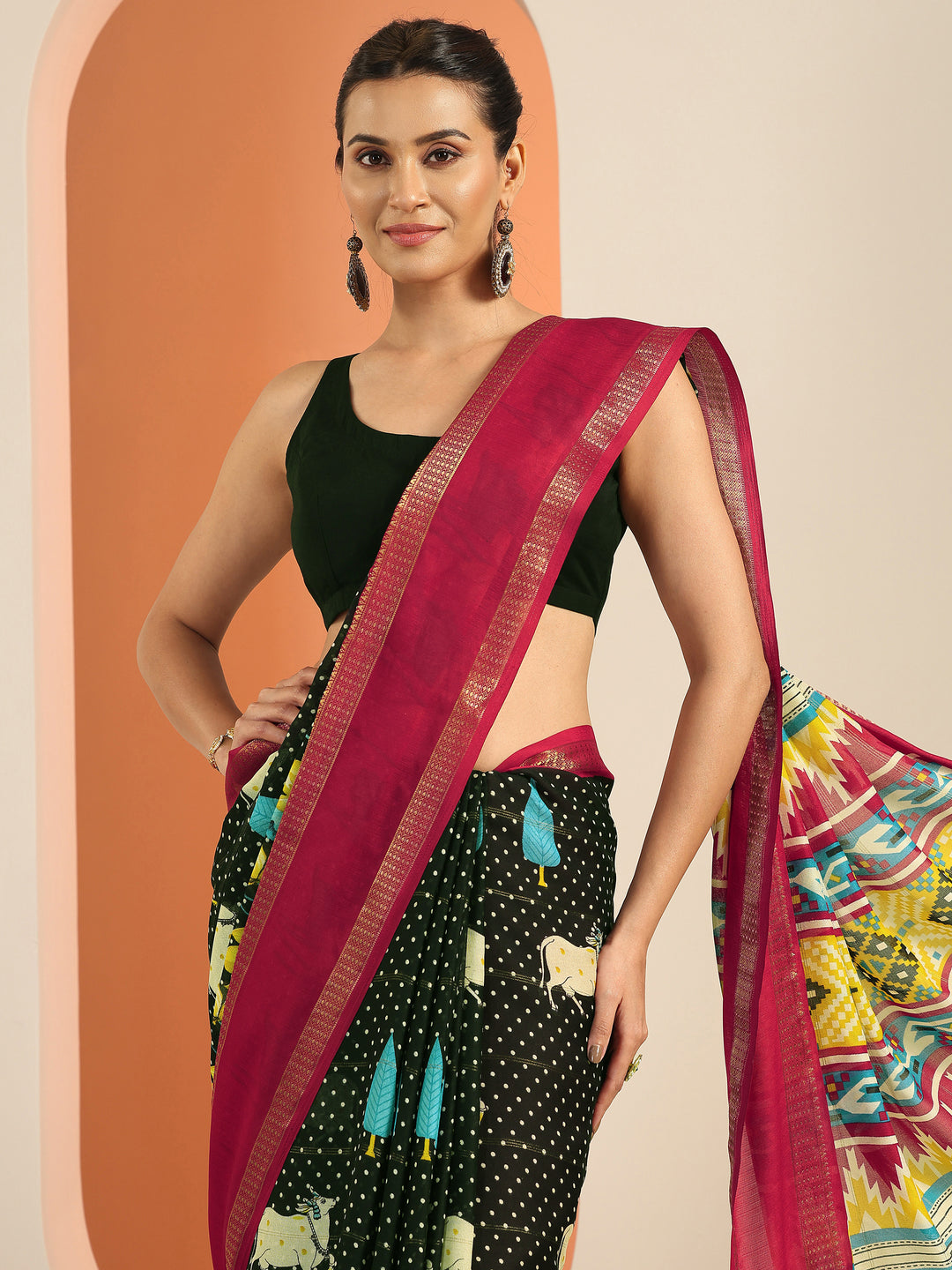 Black Kalamkari Printed Georgette Saree With Unstitched Blouse Piece