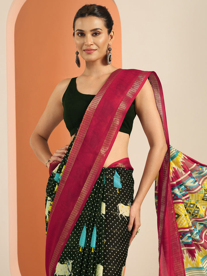 Black Kalamkari Printed Georgette Saree With Unstitched Blouse Piece