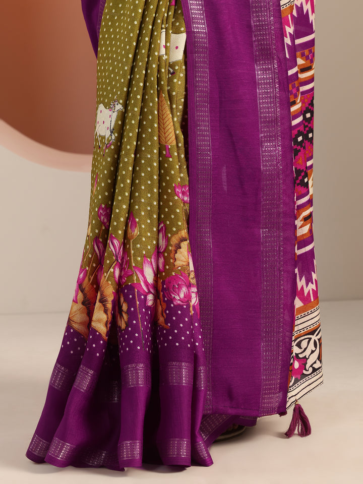 Green Printed Georgette Saree With Unstitched Blouse Piece