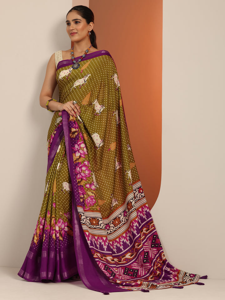 Green Printed Georgette Saree With Unstitched Blouse Piece