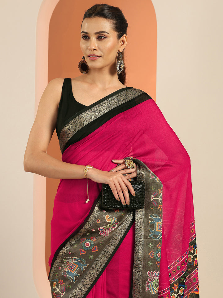 Pink Solid Georgette Saree With Unstitched Blouse Piece