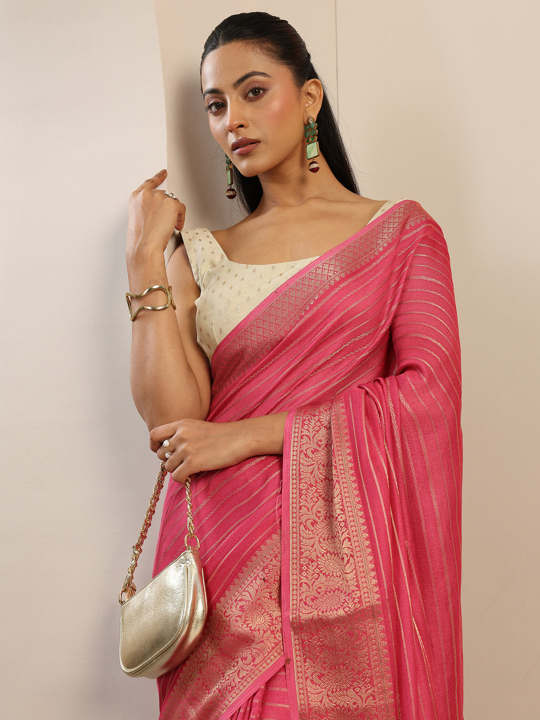 Pink Woven Design Georgette Saree With Unstitched Blouse Piece