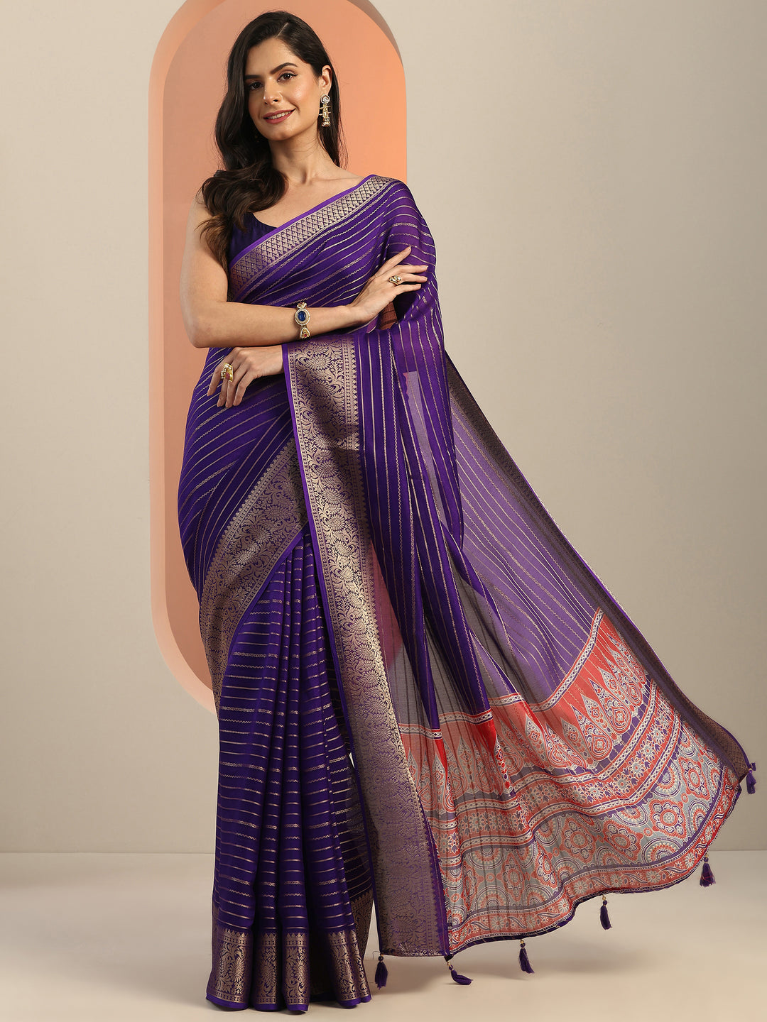 Purple Woven Design Georgette Saree With Unstitched Blouse Piece