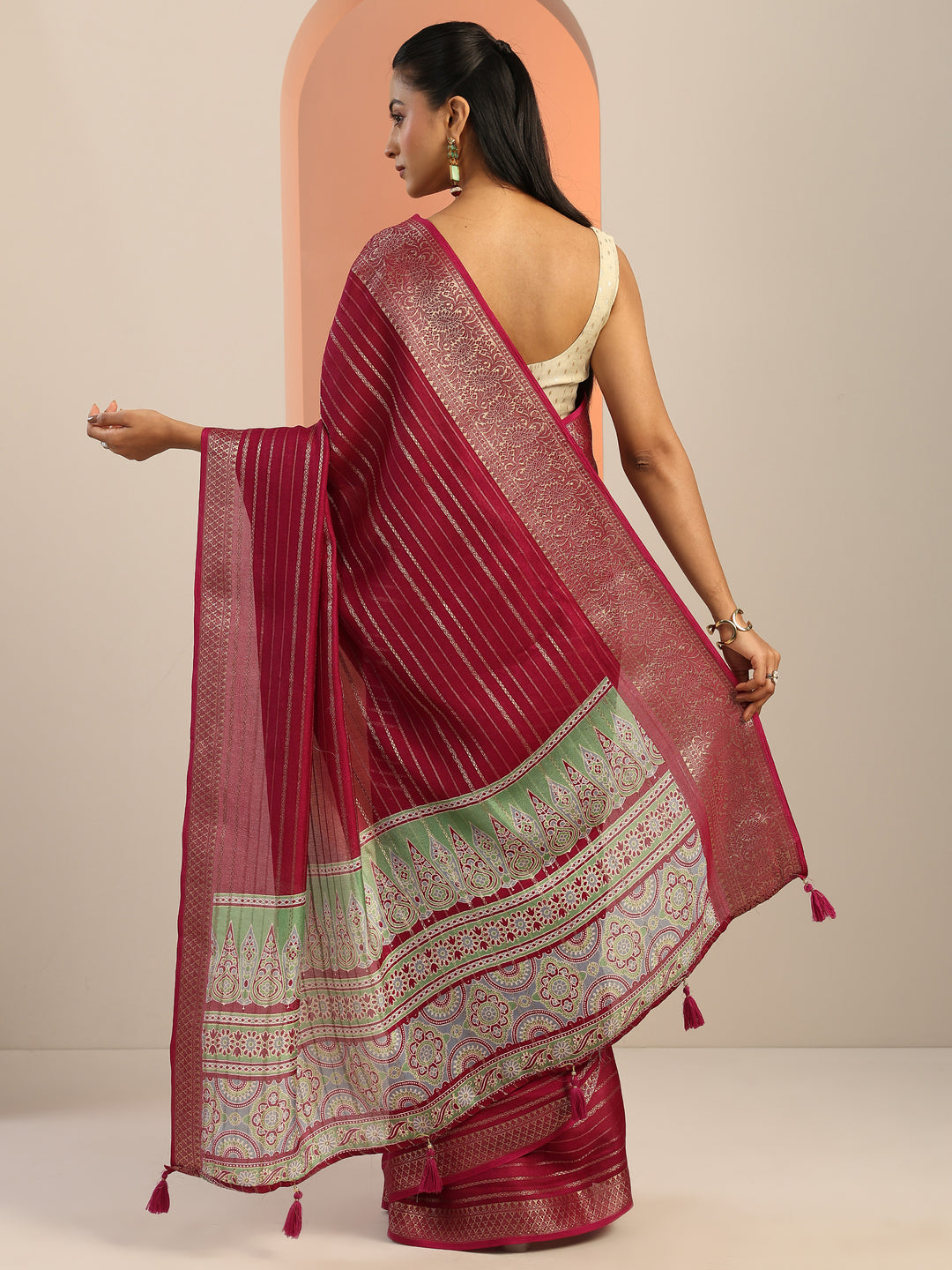Burgundy Woven Design Georgette Saree With Unstitched Blouse Piece