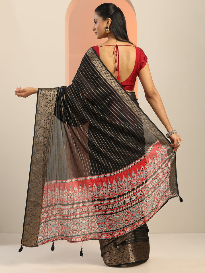 Black Woven Design Georgette Saree With Unstitched Blouse Piece