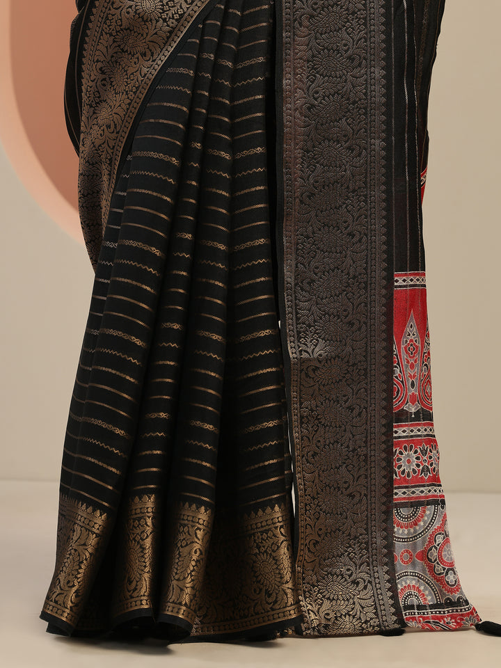 Black Woven Design Georgette Saree With Unstitched Blouse Piece