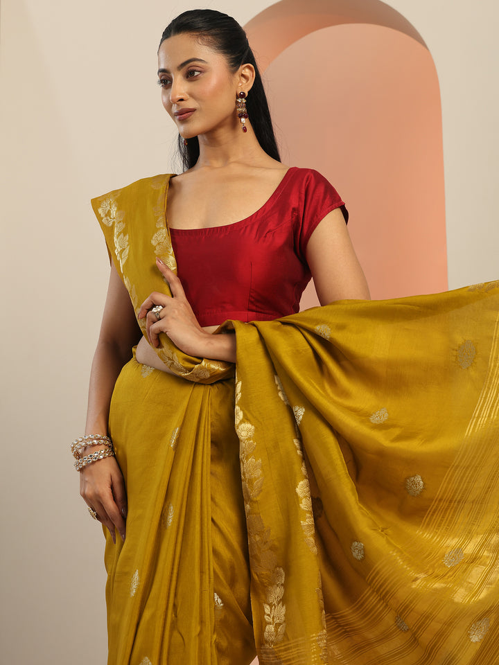 Mustard Woven Design Silk Blend Saree With Unstitched Blouse Piece