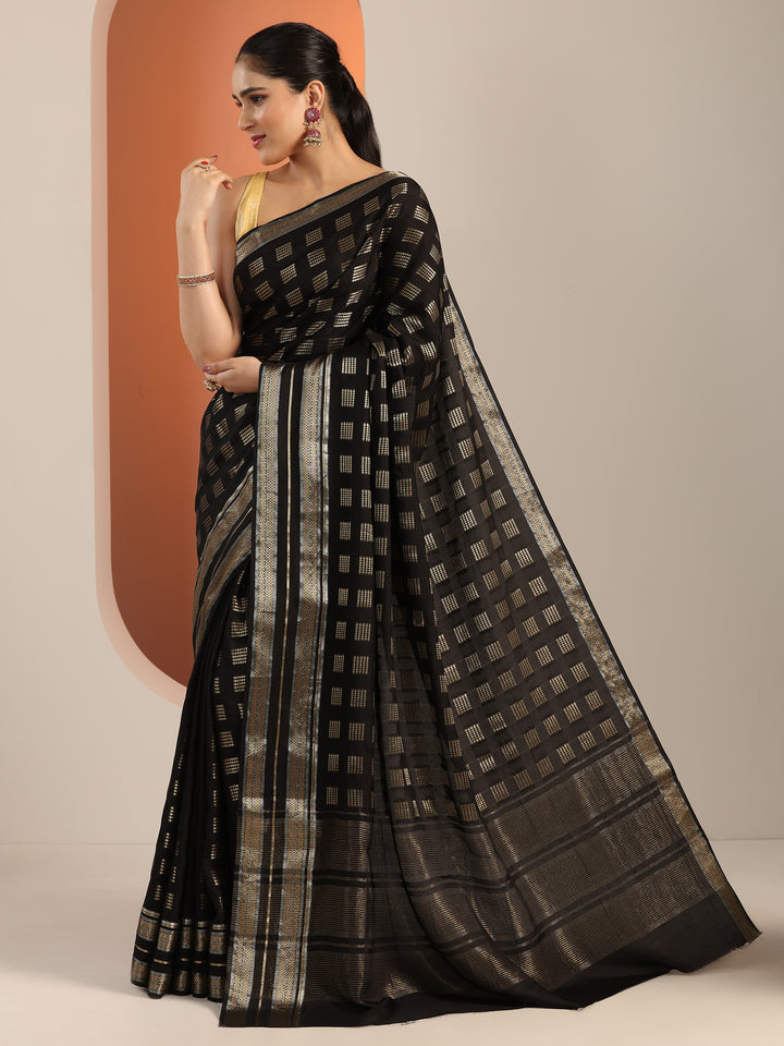 Black Woven Design Silk Blend Saree With Unstitched Blouse Piece