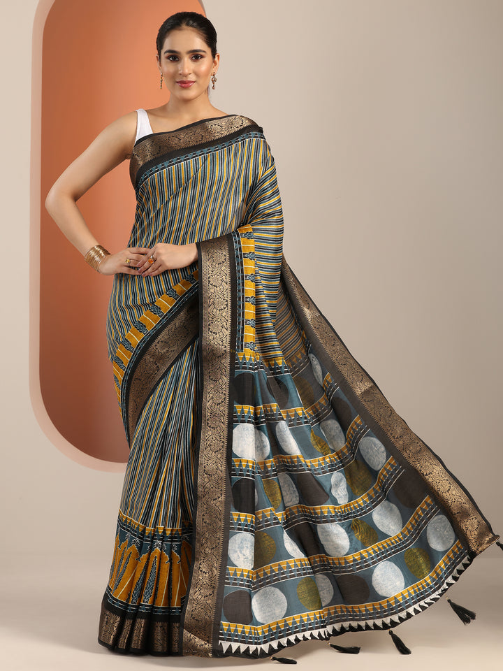 Mustard Printed Silk Blend Saree With Unstitched Blouse Piece