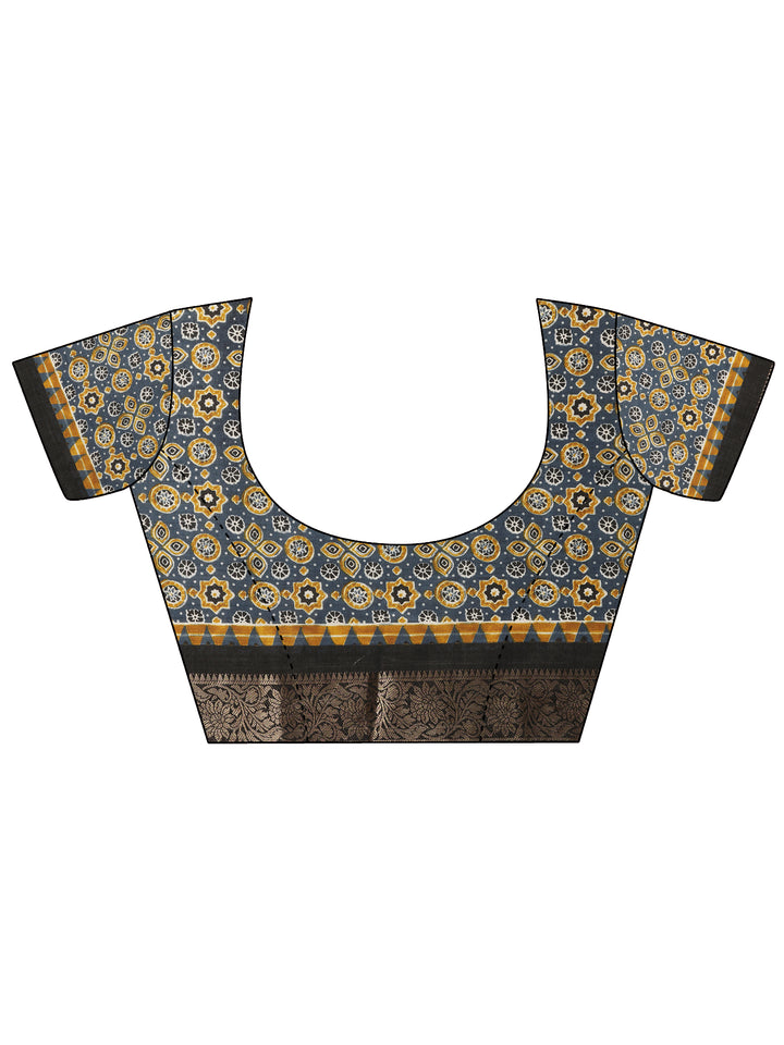 Mustard Printed Silk Blend Saree With Unstitched Blouse Piece