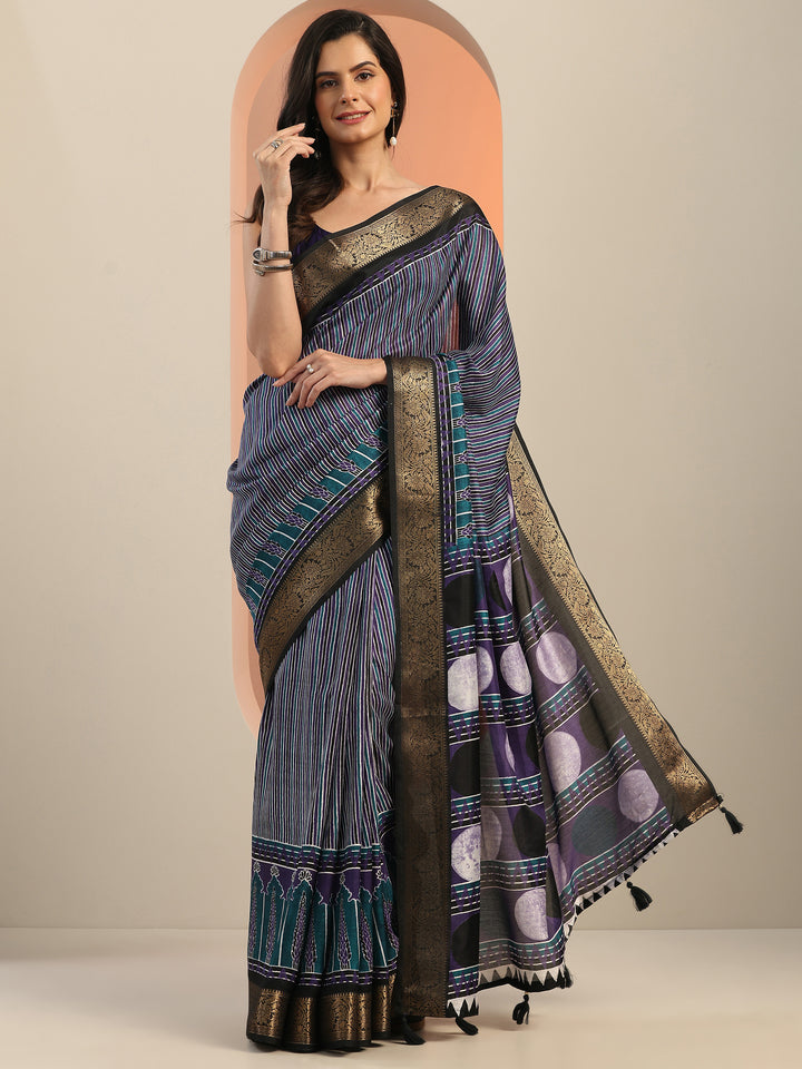Purple Printed Silk Blend Saree With Unstitched Blouse Piece