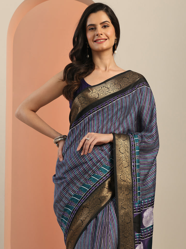 Purple Printed Silk Blend Saree With Unstitched Blouse Piece