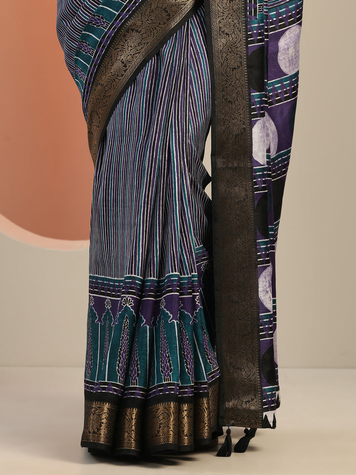 Purple Printed Silk Blend Saree With Unstitched Blouse Piece