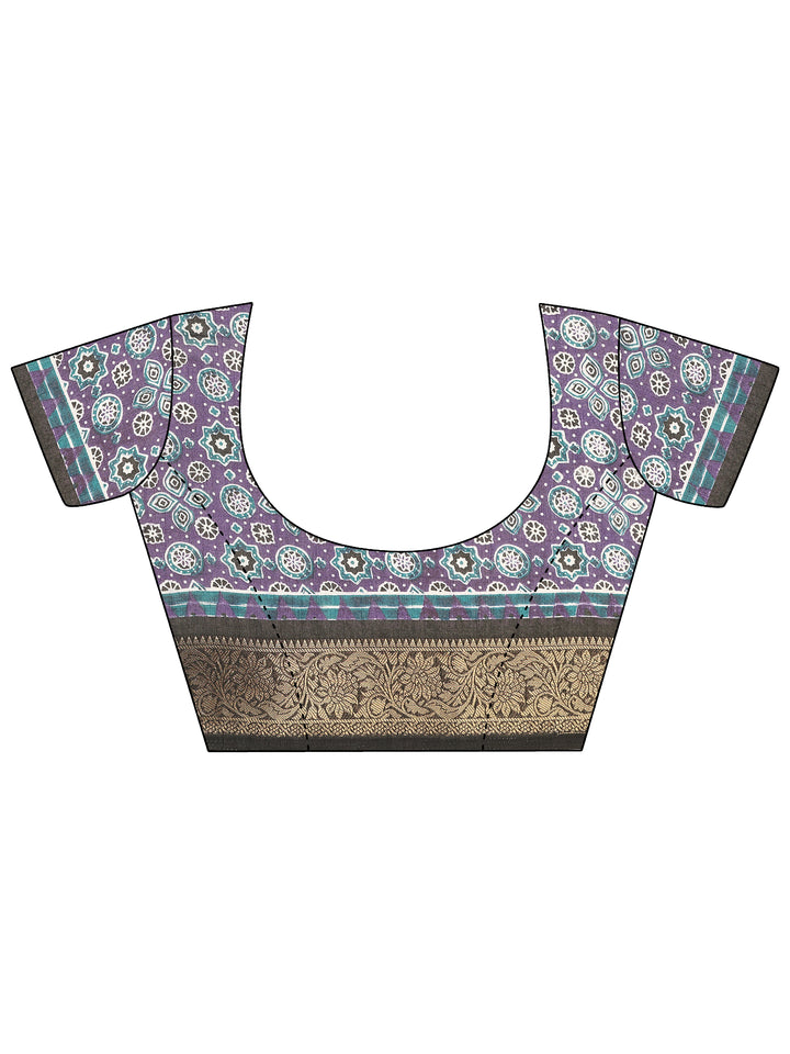 Purple Printed Silk Blend Saree With Unstitched Blouse Piece