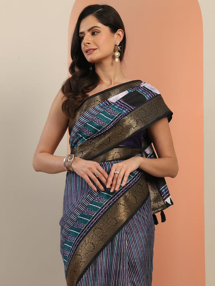 Purple Printed Silk Blend Saree With Unstitched Blouse Piece