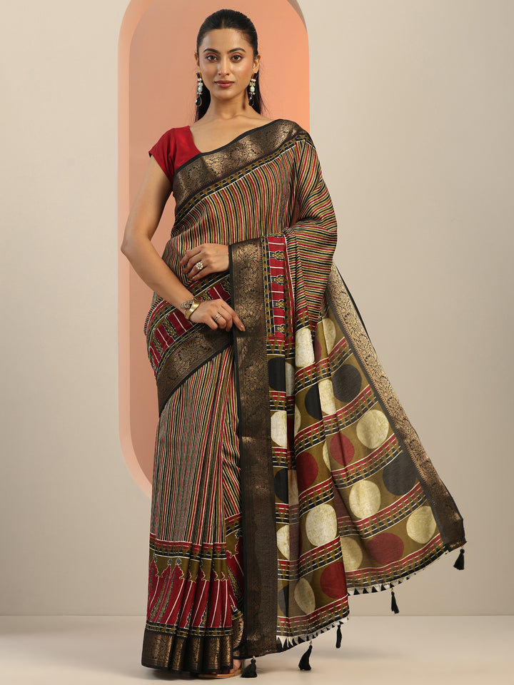 Olive Printed Silk Blend Saree With Unstitched Blouse Piece