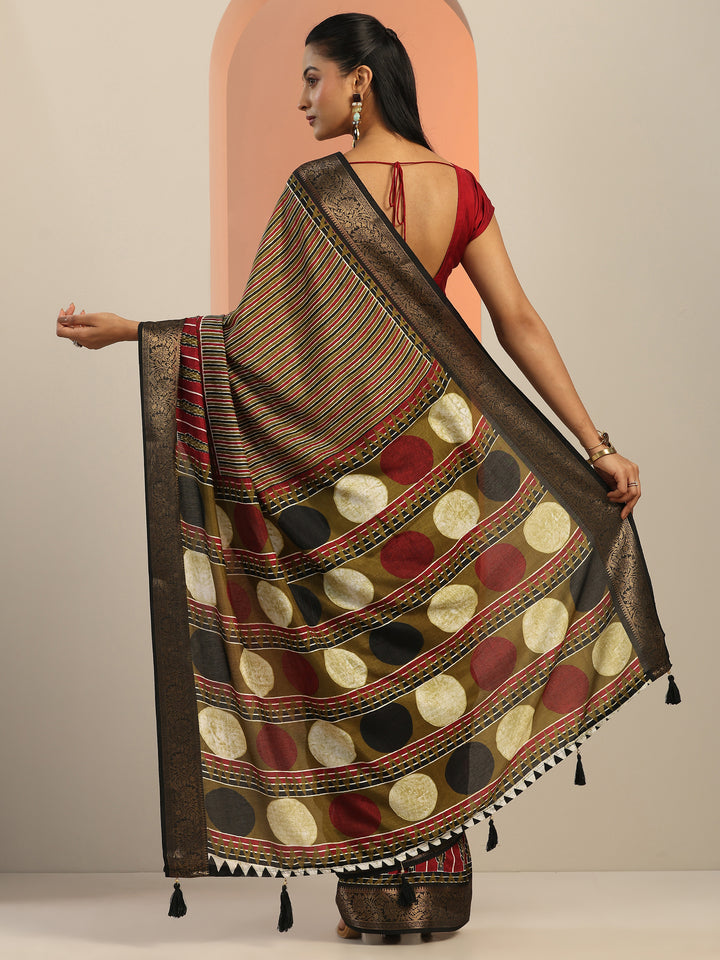 Olive Printed Silk Blend Saree With Unstitched Blouse Piece