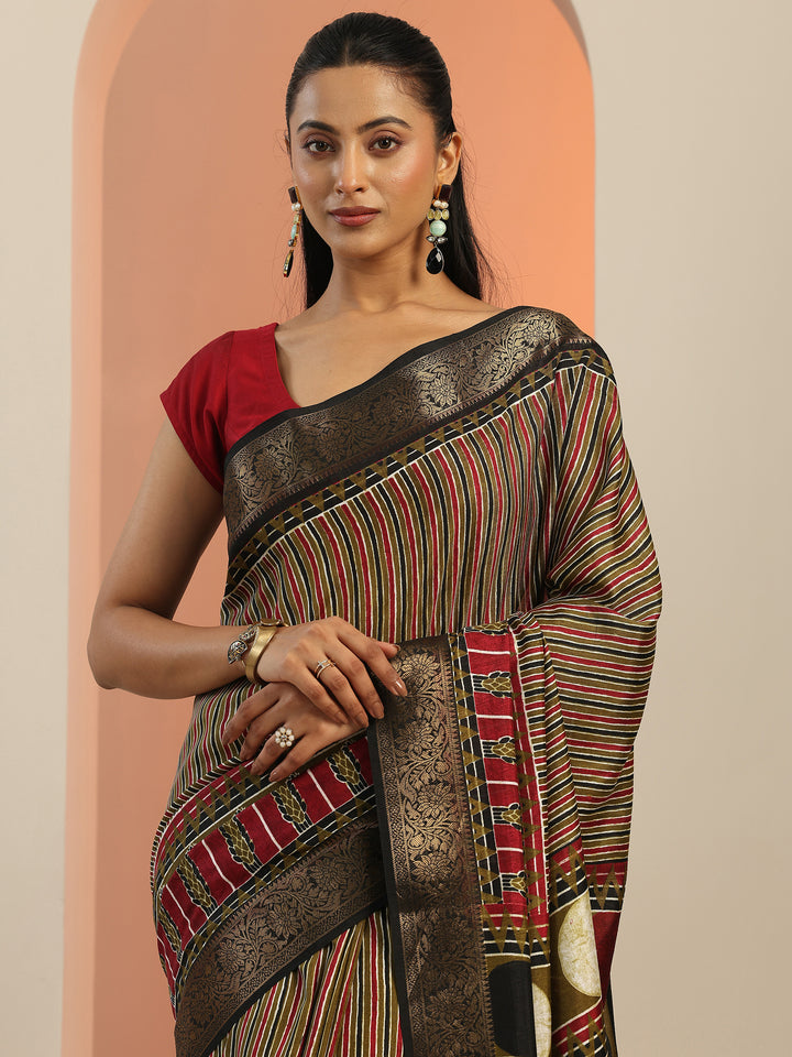 Olive Printed Silk Blend Saree With Unstitched Blouse Piece