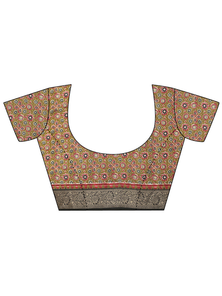 Olive Printed Silk Blend Saree With Unstitched Blouse Piece