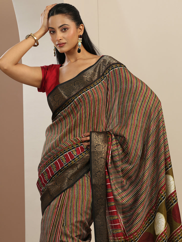 Olive Printed Silk Blend Saree With Unstitched Blouse Piece