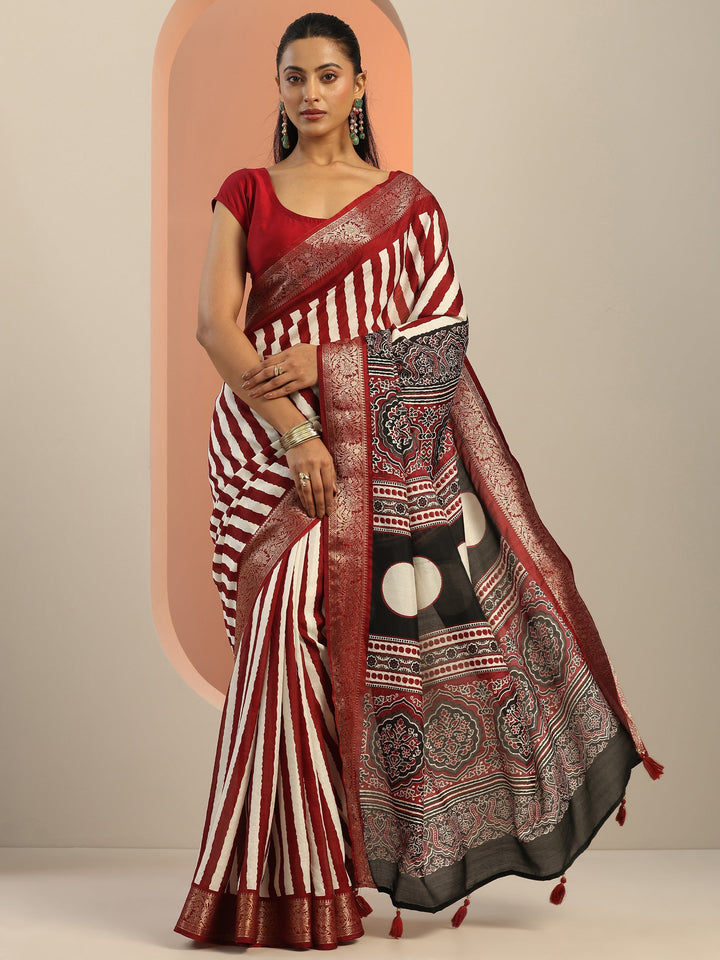 Maroon Printed Silk Blend Saree With Unstitched Blouse Piece