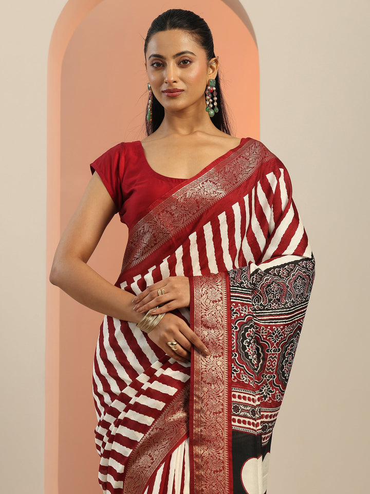 Maroon Printed Silk Blend Saree With Unstitched Blouse Piece