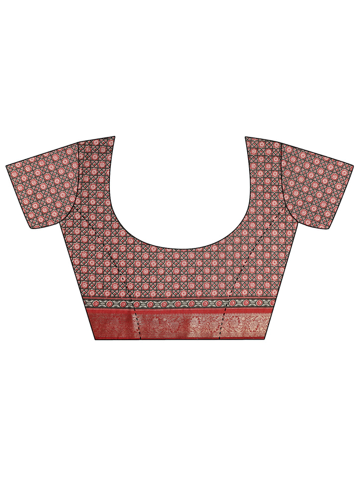 Maroon Printed Silk Blend Saree With Unstitched Blouse Piece