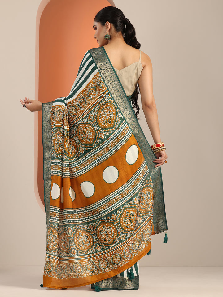 Green Printed Silk Blend Saree With Unstitched Blouse Piece