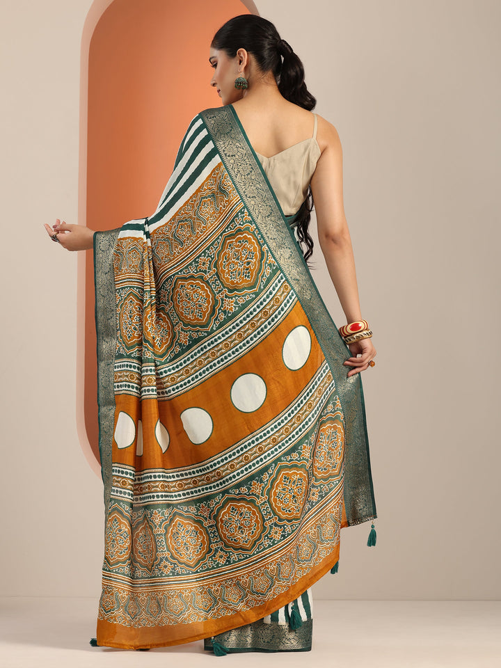 Green Printed Silk Blend Saree With Unstitched Blouse Piece