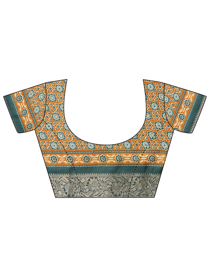 Green Printed Silk Blend Saree With Unstitched Blouse Piece