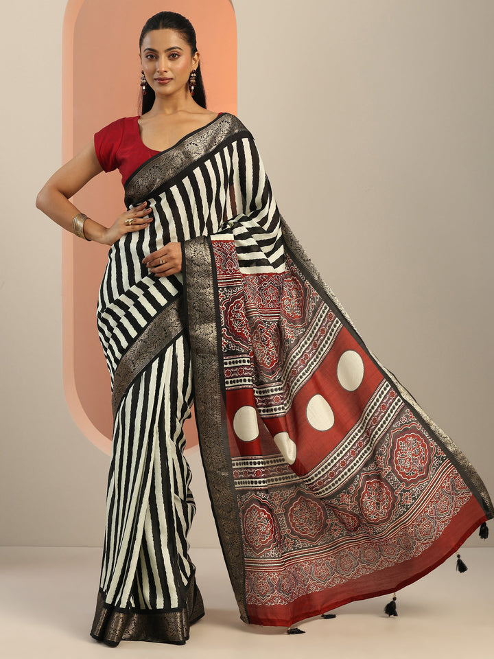 Black Printed Silk Blend Saree With Unstitched Blouse Piece